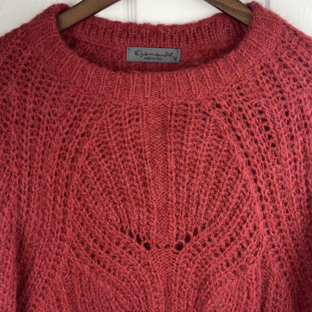 Elsamanda Womens Sweater Medium Red Alpaca Blend Open‎ Knit Made Italy Pullover